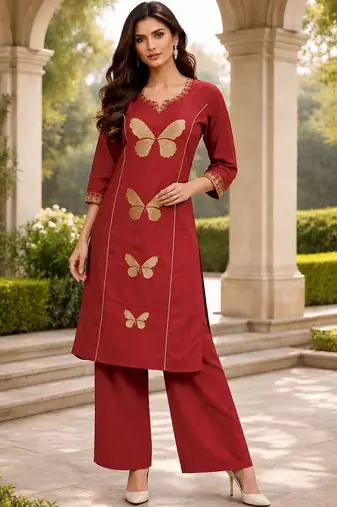 women ethnic motifs embroidered regular  cotton kurta with palazzos