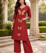 women ethnic motifs embroidered regular  cotton kurta with palazzos