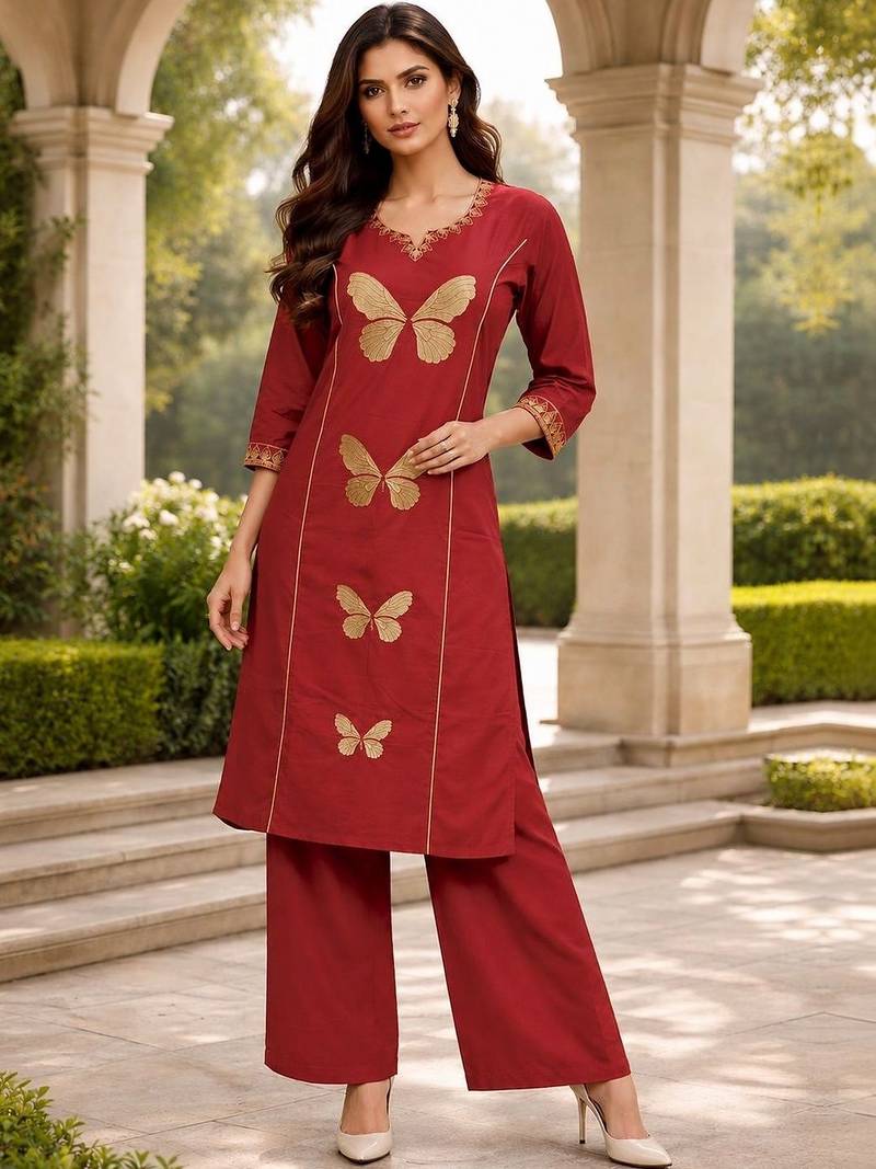 women ethnic motifs embroidered regular  cotton kurta with palazzos