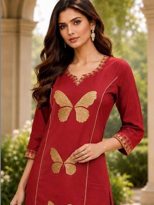 women ethnic motifs embroidered regular  cotton kurta with palazzos 2