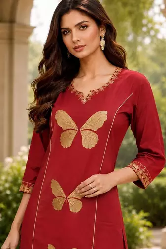 women ethnic motifs embroidered regular  cotton kurta with palazzos