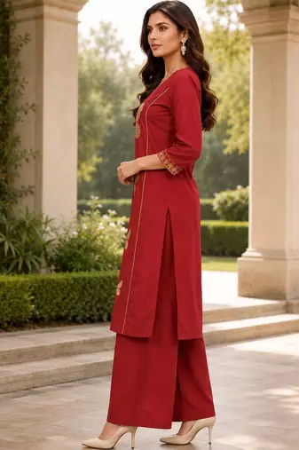 women ethnic motifs embroidered regular  cotton kurta with palazzos