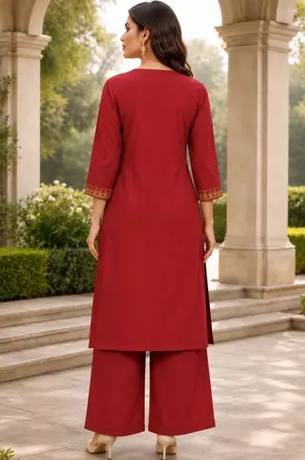 women ethnic motifs embroidered regular  cotton kurta with palazzos