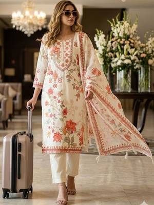 women floral printed regular  cotton kurta with trousers & with dupatta 1
