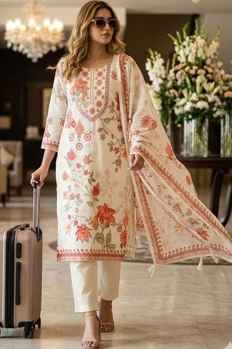 women floral printed regular  cotton kurta with trousers & with dupatta