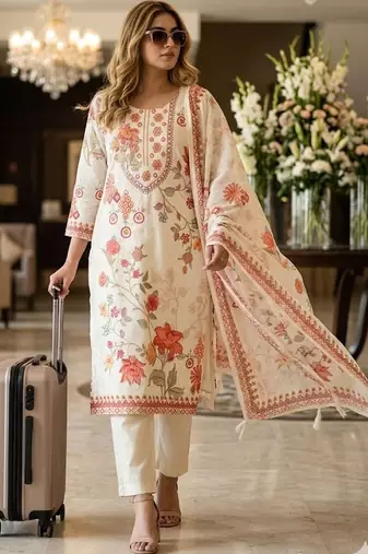 women floral printed regular  cotton kurta with trousers & with dupatta