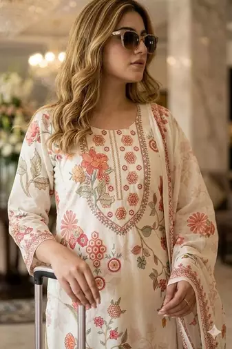 women floral printed regular  cotton kurta with trousers & with dupatta