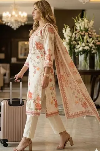 women floral printed regular  cotton kurta with trousers & with dupatta