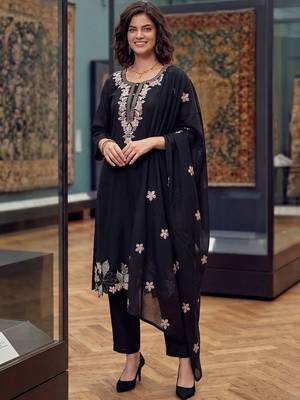 women ethnic motifs embroidered regular thread work chanderi cotton kurta with trousers & with 1