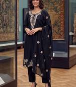 women ethnic motifs embroidered regular thread work chanderi cotton kurta with trousers & with