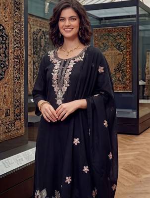 women ethnic motifs embroidered regular thread work chanderi cotton kurta with trousers & with 2
