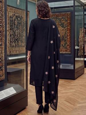 women ethnic motifs embroidered regular thread work chanderi cotton kurta with trousers & with 5
