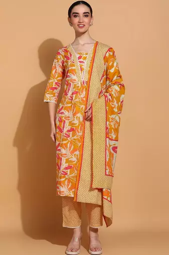 women floral printed  cotton kurta with trousers & with dupatta