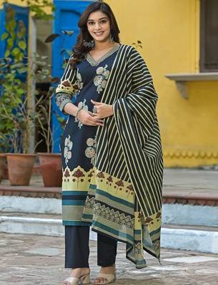 women floral printed sequinned  cotton kurta with trousers & with dupatta 1