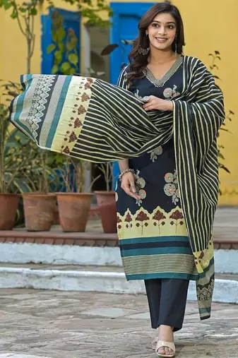 women floral printed sequinned  cotton kurta with trousers & with dupatta