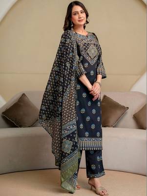 women ethnic motifs embroidered beads and stones  cotton kurta with palazzos & with dupatta 1