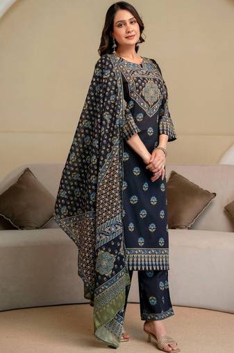 women ethnic motifs embroidered beads and stones  cotton kurta with palazzos & with dupatta