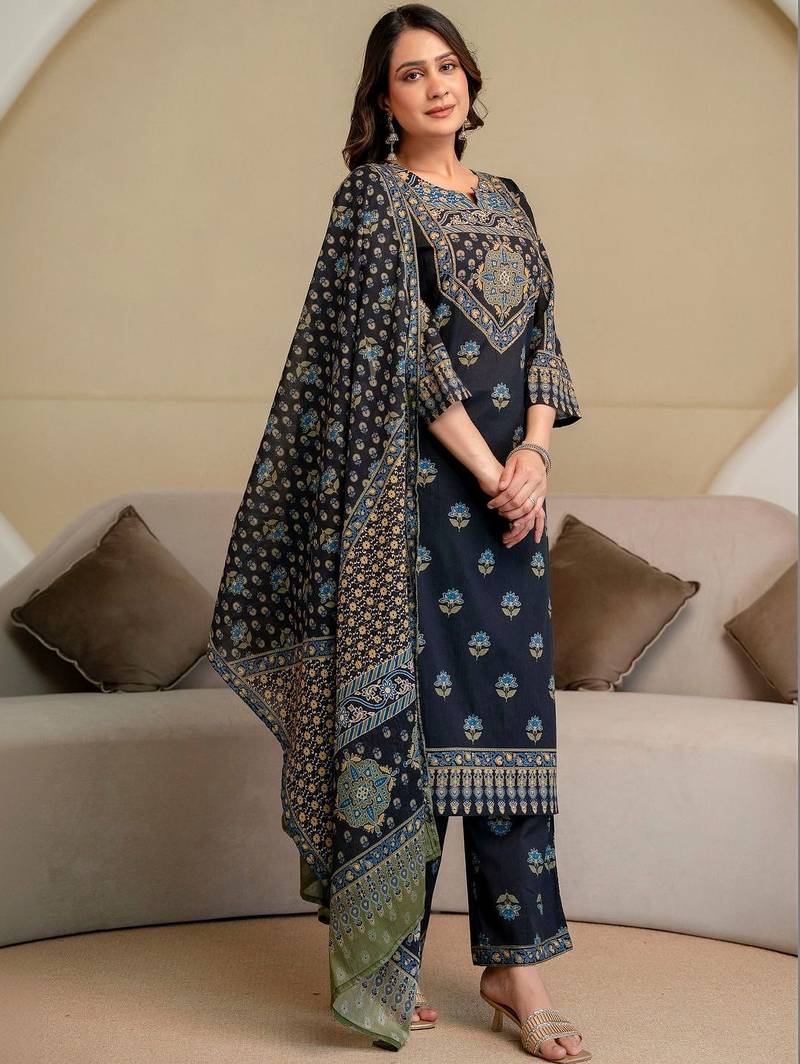 women ethnic motifs embroidered beads and stones  cotton kurta with palazzos & with dupatta
