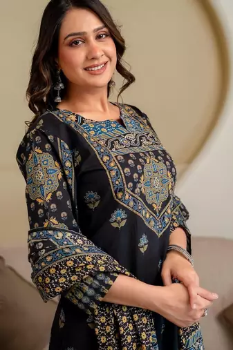 women ethnic motifs embroidered beads and stones  cotton kurta with palazzos & with dupatta