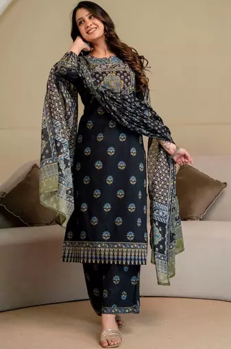 women ethnic motifs embroidered beads and stones  cotton kurta with palazzos & with dupatta