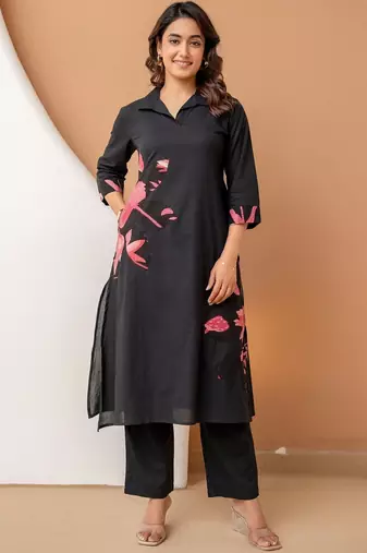 women floral printed patchwork  cotton kurta with trousers