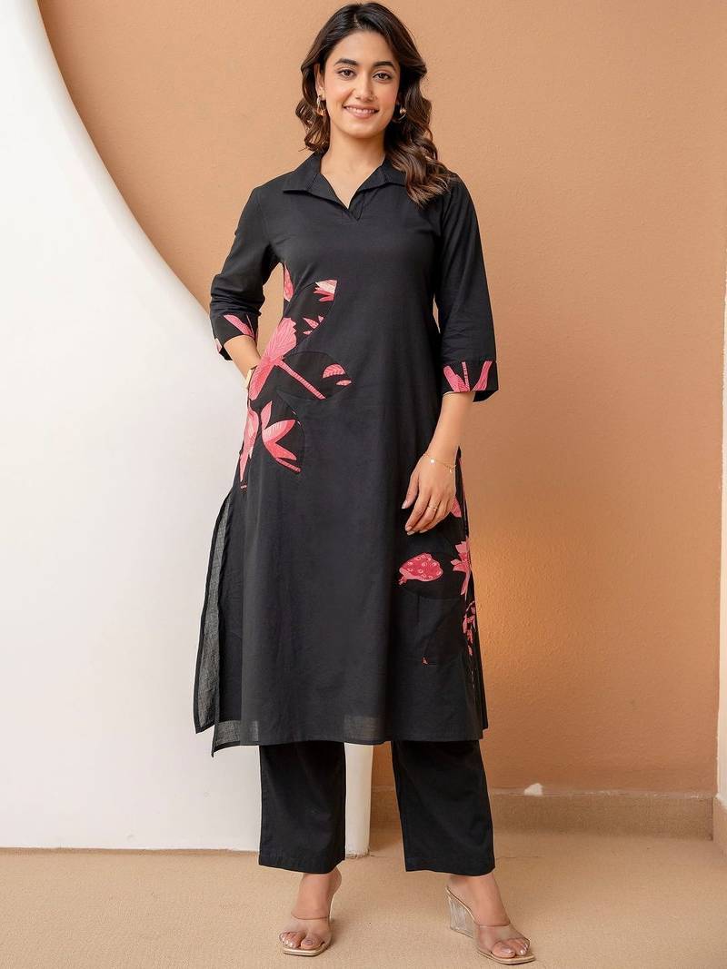 women floral printed patchwork  cotton kurta with trousers