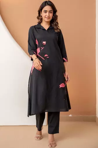 women floral printed patchwork  cotton kurta with trousers