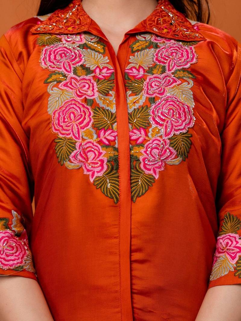women floral embroidered regular thread work kurta with palazzos
