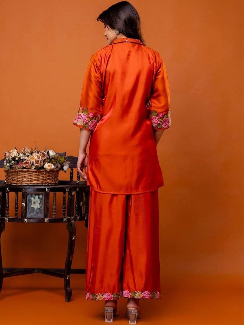 women floral embroidered regular thread work kurta with palazzos