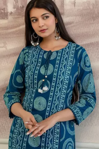 women bandhani printed  cotton kurta with trousers & with dupatta