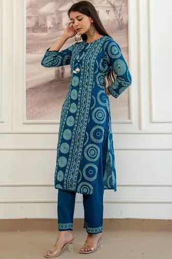 women bandhani printed  cotton kurta with trousers & with dupatta