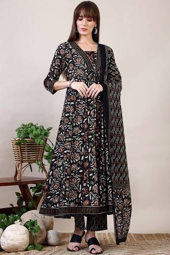women floral printed empire kurta with trousers & with dupatta
