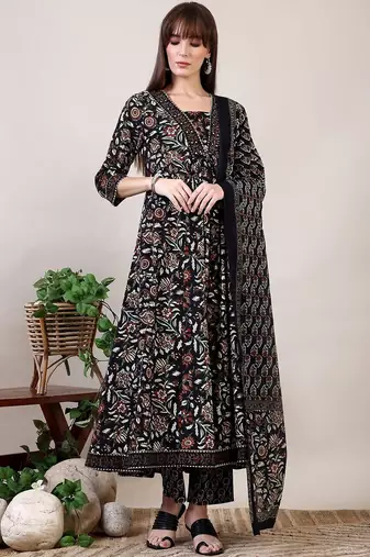 women floral printed empire kurta with trousers & with dupatta