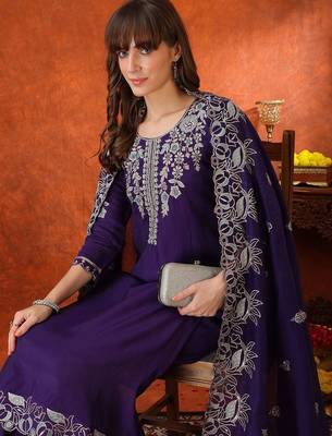 women floral embroidered regular thread work chanderi cotton kurta with trousers & with dupatta 3