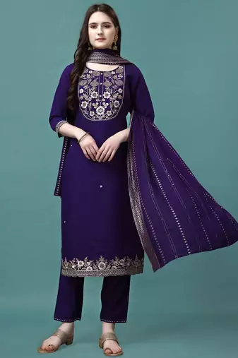 embroidered round neck zari chanderi silk kurta with trousers & dupatta