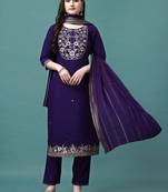 embroidered round neck zari chanderi silk kurta with trousers & dupatta