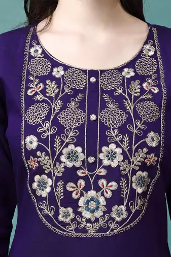 embroidered round neck zari chanderi silk kurta with trousers & dupatta