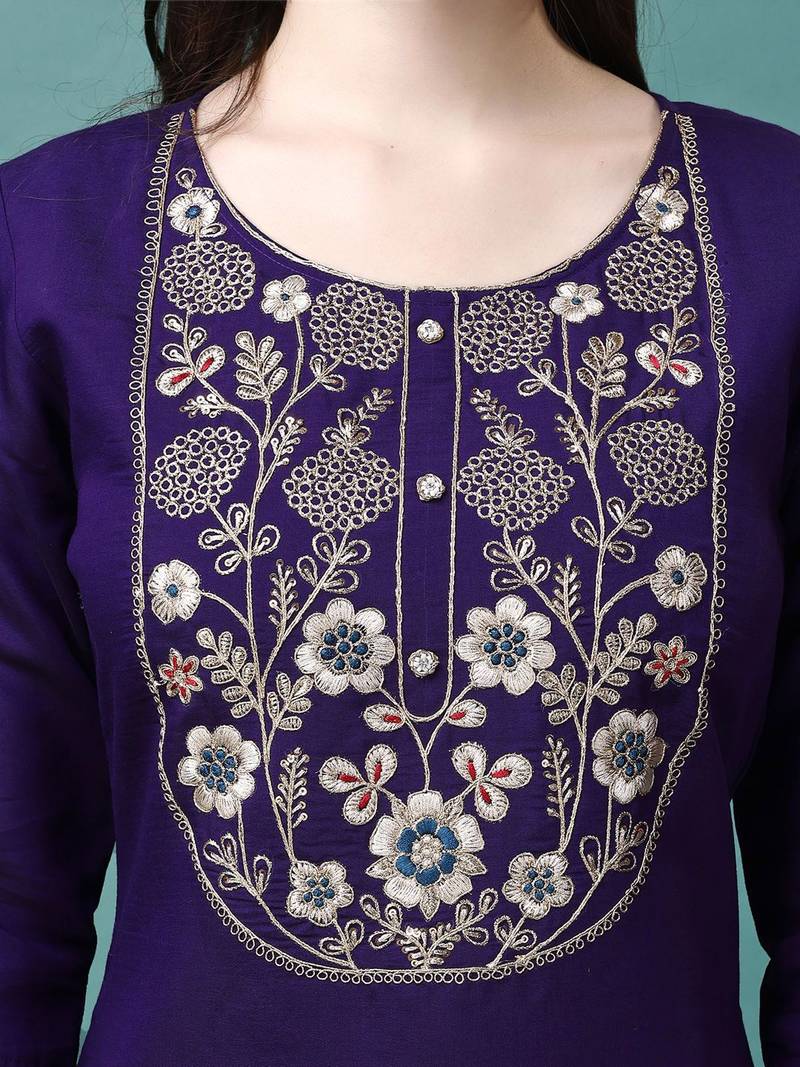 embroidered round neck zari chanderi silk kurta with trousers & dupatta