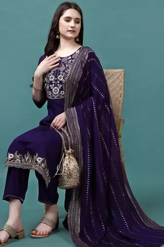 embroidered round neck zari chanderi silk kurta with trousers & dupatta