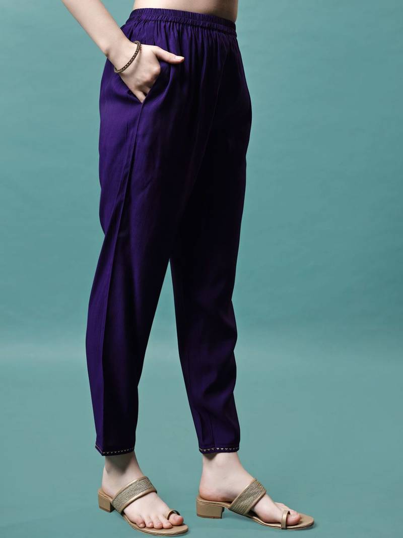 embroidered round neck zari chanderi silk kurta with trousers & dupatta