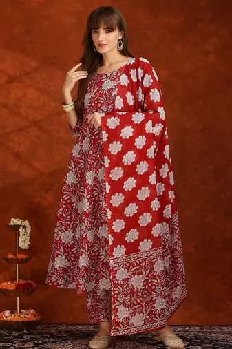 women floral printed  cotton a-line kurta with trouser & dupatta