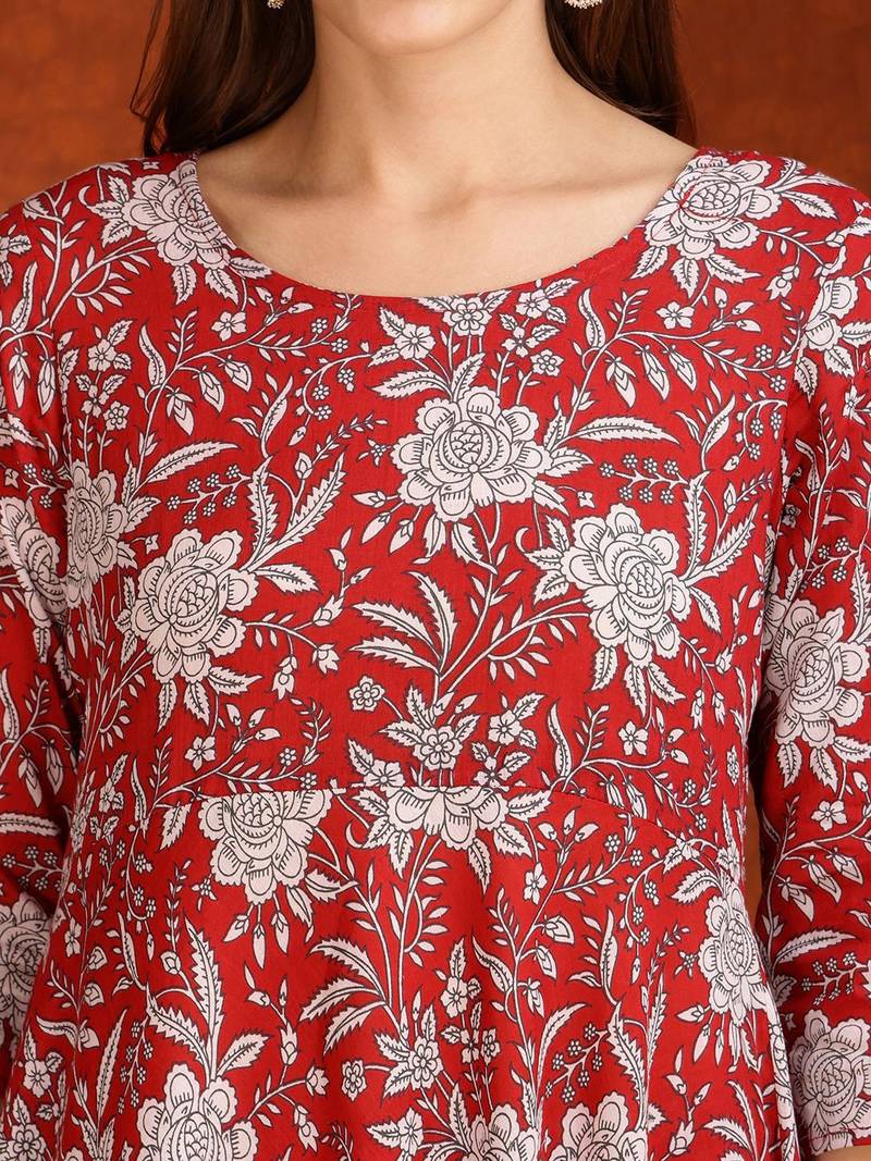 women floral printed  cotton a-line kurta with trouser & dupatta