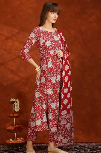 women floral printed  cotton a-line kurta with trouser & dupatta