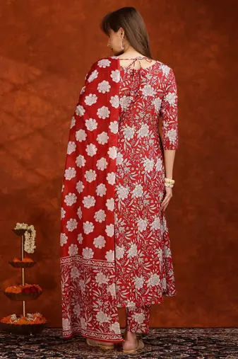 women floral printed  cotton a-line kurta with trouser & dupatta