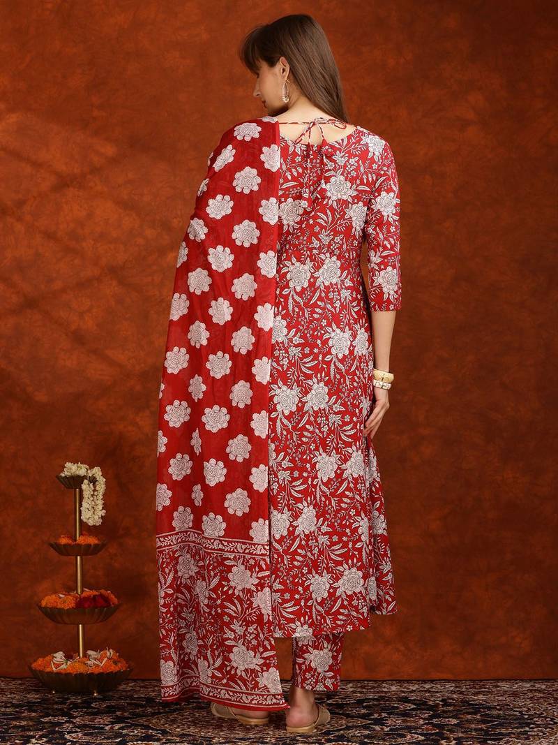 women floral printed  cotton a-line kurta with trouser & dupatta