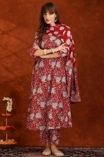 women floral printed  cotton a-line kurta with trouser & dupatta