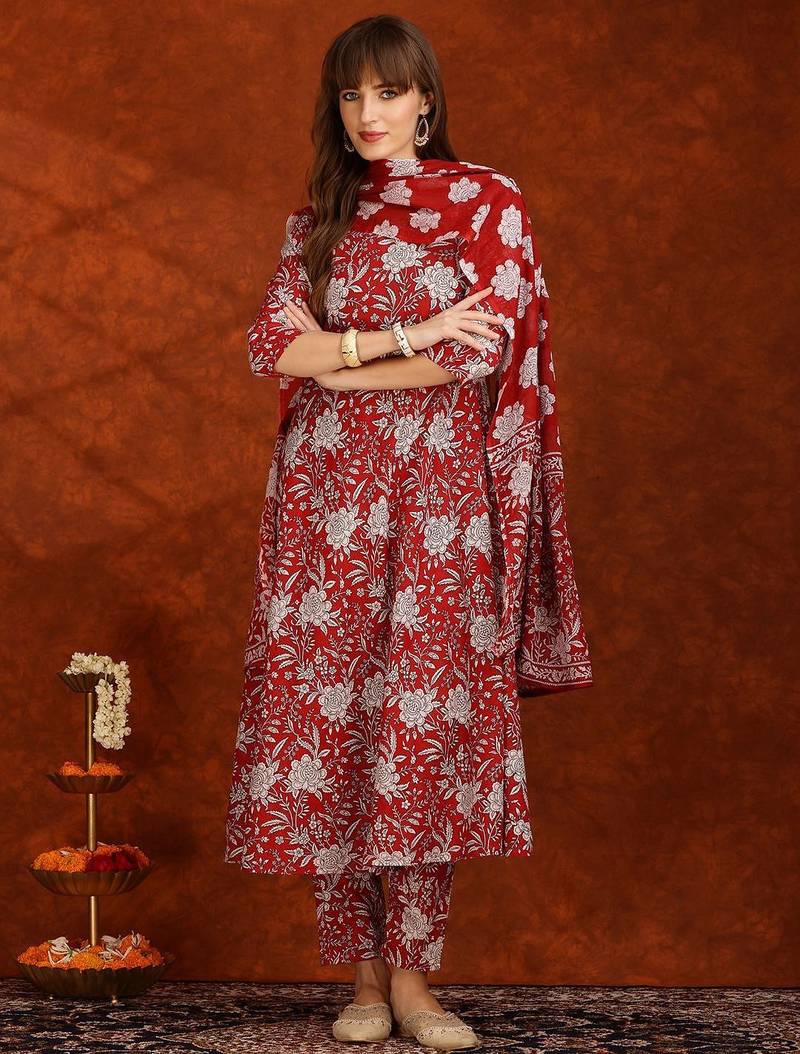 women floral printed  cotton a-line kurta with trouser & dupatta