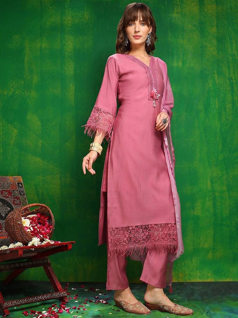 women floral solid kurta with trouser & dupatta