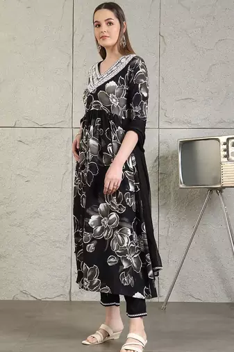 women floral embroidered pleated kurta & trousers with dupatta