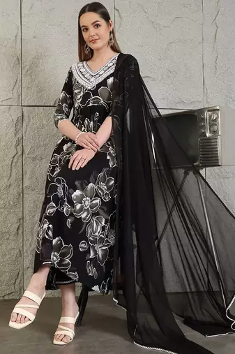 women floral embroidered pleated kurta & trousers with dupatta